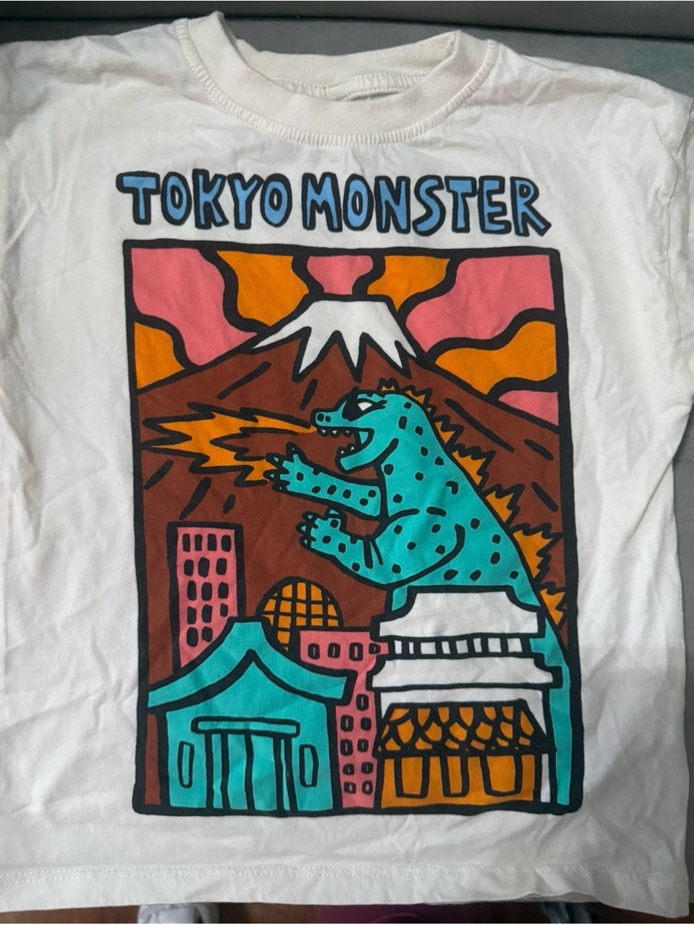 Zara White Tee with Teal Monster Graphic